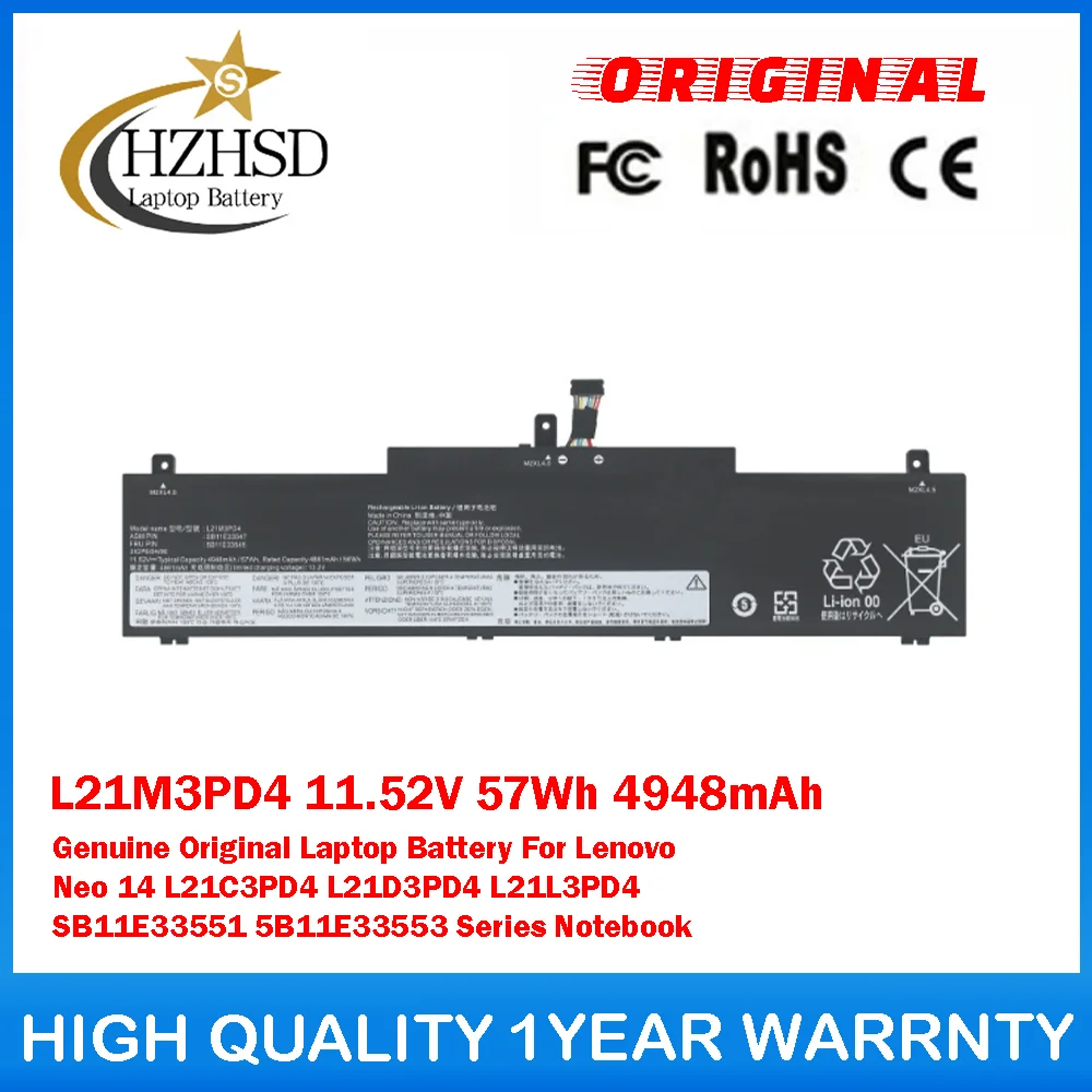 

L21M3PD4 11,52 В 57 Втч 4948 мАч Оригинальный аккумулятор для ноутбука Lenovo Neo 14 L21C3PD4 L21D3PD4 L21L3PD4 SB11E33551 5B11E33553