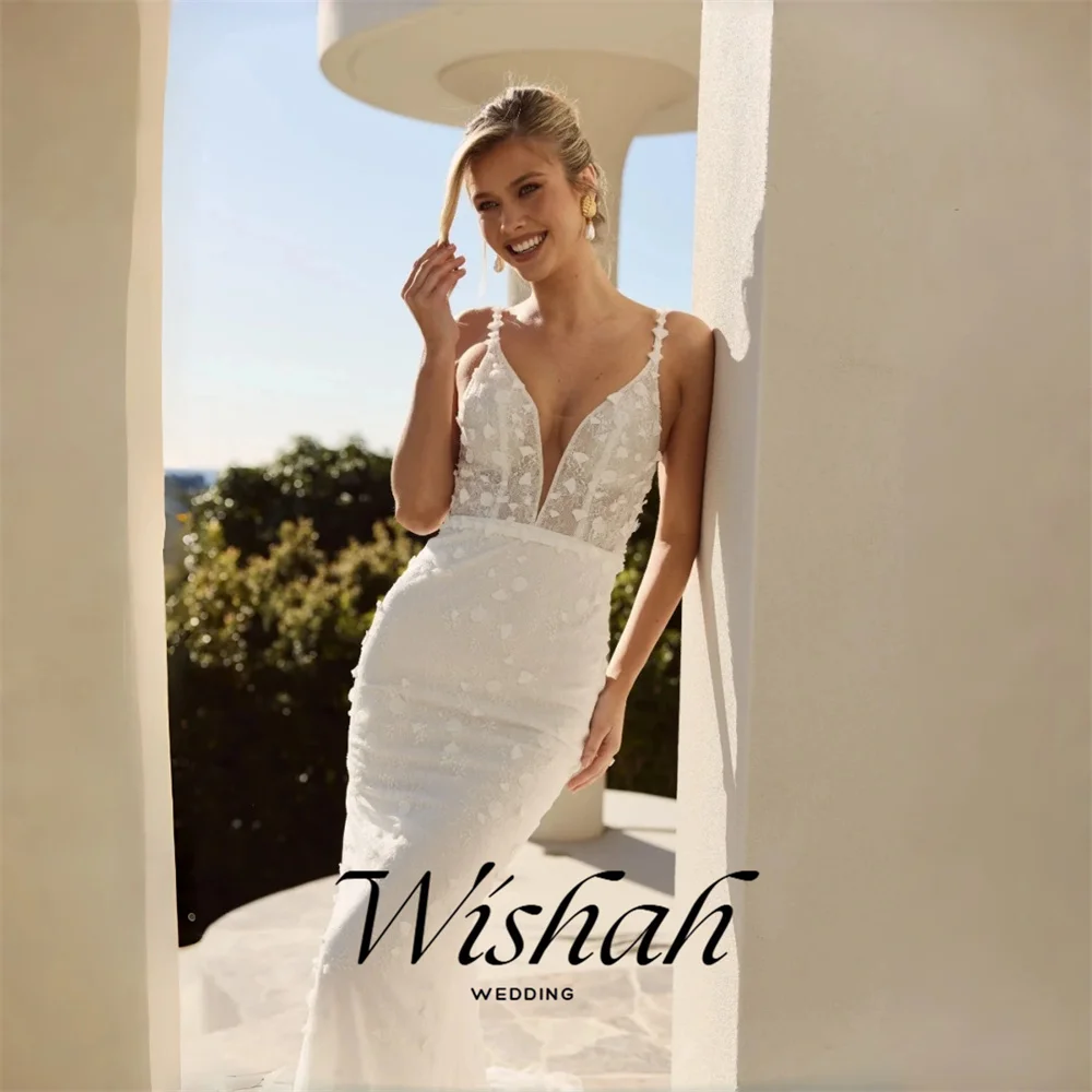 Wishah Customized Luxury V Neck Spaghtti Strap White Lace Applique Mermaid Backless Chapel Train for Wedding Party 2027