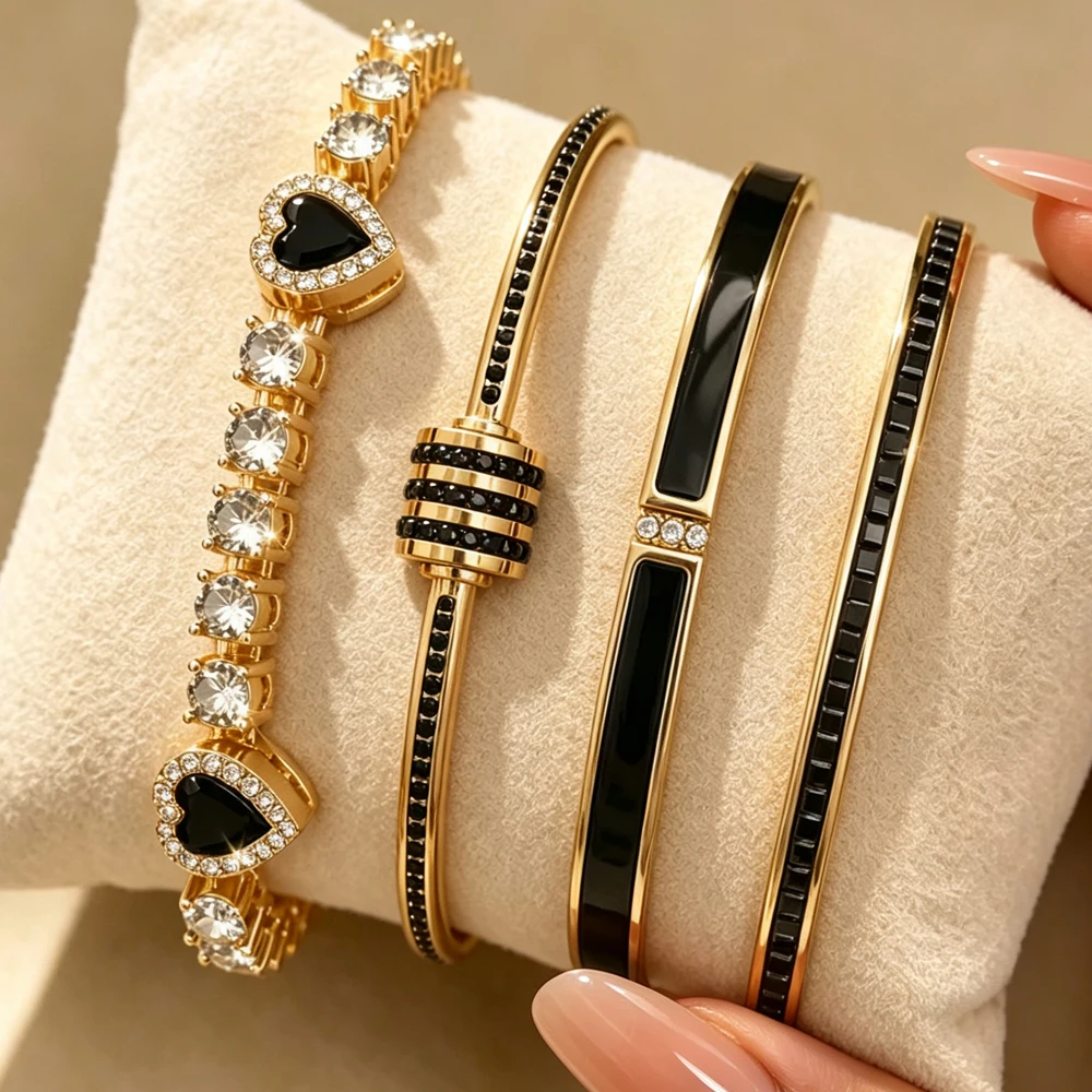 Yupsk 4/3pcs Black Zircon Stainless Steel Stacked Bracelets for Women Men Gothic Punk Fashion Heart Couple Jewelry Gifts