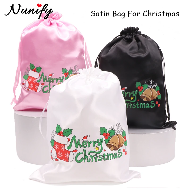 Sacos de cetim com cordão para pacotes, Peruca sacos com feliz Natal, Embalagem de cabelo, Silk Gift Bags, Travel Bags for Wigs, 2pcs