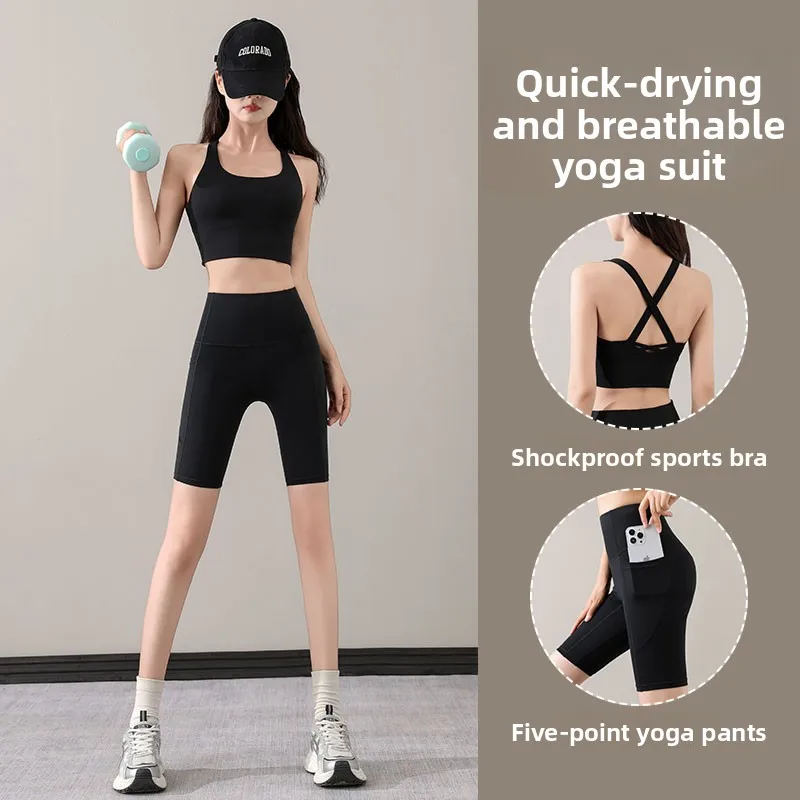 

Women's Yoga Fitn Clothing Set Summer New Sle Advanced Pilates Training Sport Vest Riding Pants ort Sve round Ne