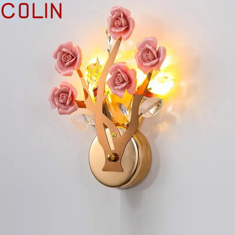 COLIN Lámpara de pared de cristal contemporánea Creatividad Cerámica Flores de rosas Sala de estar Dormitorio Habitación de niña Villa Luz de noche LED