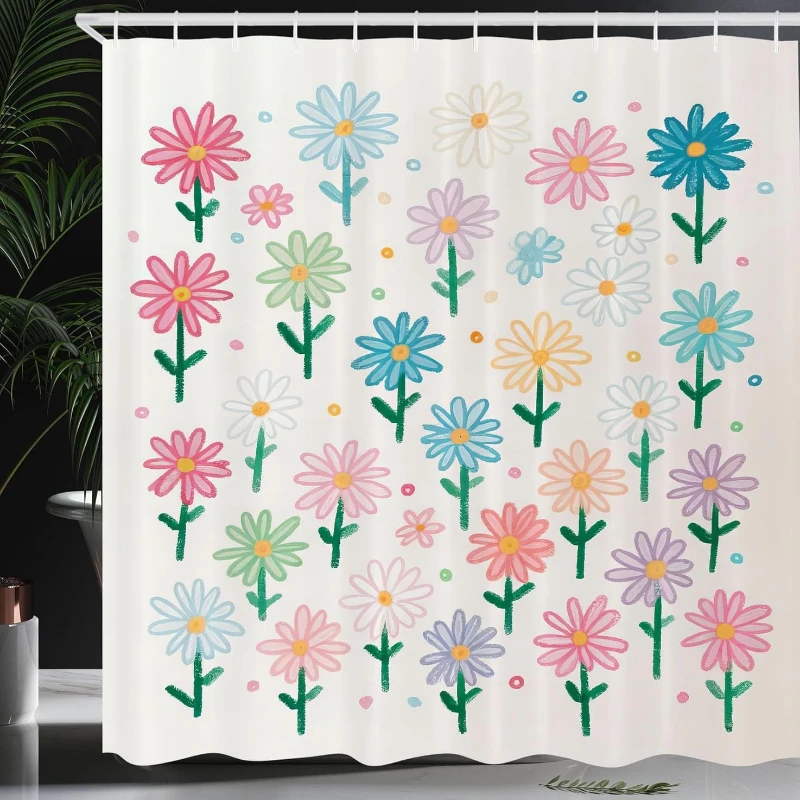 

Colorful Shower Curtain, Spring Happiness of Cartoon Tender Daisy Art Floral Garden Minimalist, Cloth Fabric Bathroom Decor Set