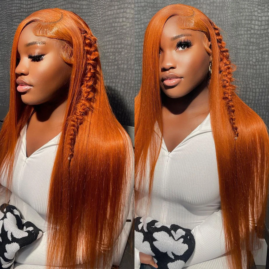 Orange Ginger Human Hair Wig Brazilian 13x6 Hd Lace Frontal Wig Pre Plucked 30 Inch Bone Straight Lace Front Wigs For Women