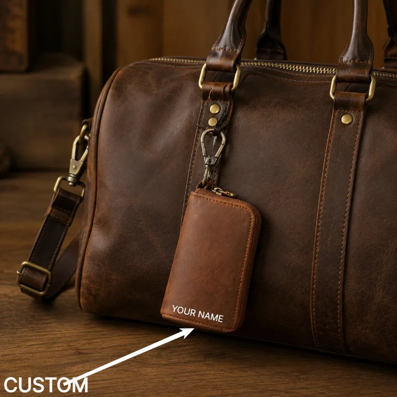 Handmade Crazy Horse Leather Key Case Genuine Leather Belt Clip Key Holder Large Capacity Car Keychain Pouch Custom  Engraving