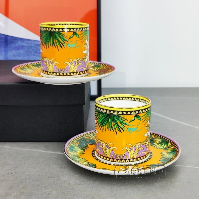 

Vintage Style Bone China Coffee Cup and Red Tea Cup with Gold Trim Couple Cup and Saucer Set for Romantic Tea Time