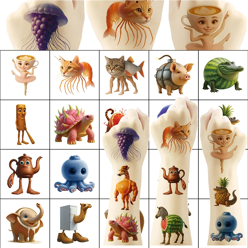 

20pcs Abstract Animals Tung Tung Sahur Cartoon Arm Face Body Art Fake Tattoo Italian Brainrot Waterproof Temporary Tattoo Sticke