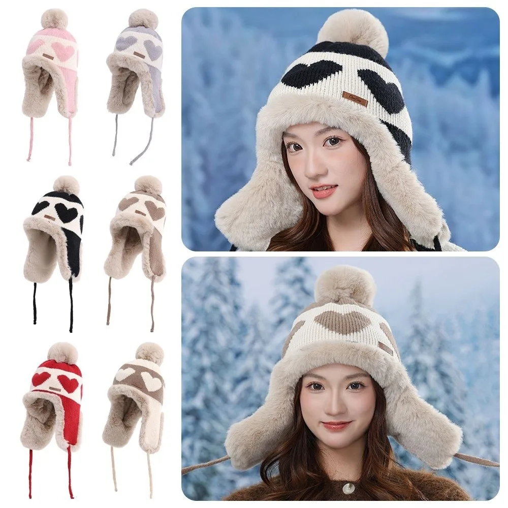 

Cute Thickened Knitted Woolen Cap Love Print Pompoms Design Ear-Protecting Cap Winter Hat Outdoor Winter