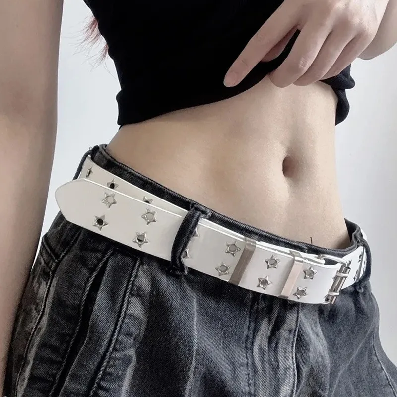 Y2K Star Eye Rivet Cintura Goth Pu Leather Doppio Pin Fibbia Cinture per Donna Uomo Moda Casual Punk Cintura per Jeans Decorazione