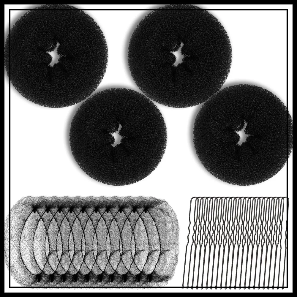 

Donut Hair Bun Maker Set - 4 Medium Shapers, 10 Invisible Nets & 10 Bobby Pins for Perfect Buns