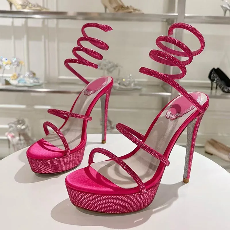Super High Heels Gladiator Sandals Women Shiny Rhinestone Ankle Snake Shaped Winding Party Banquet Shoes Sexy Platform Sandalias