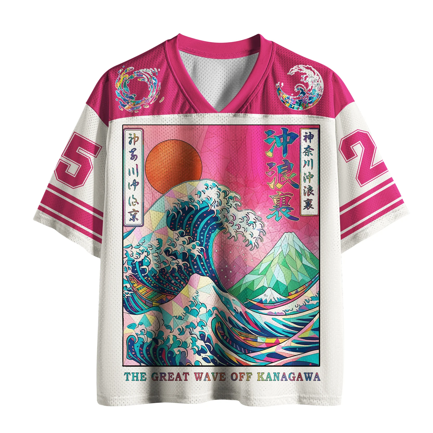 Colorful The Great Wave Off Kanagawa Jersey T-shirt Ukiyo-e Geometric Art V Neck Loose Harajuku Streetwear Short Sleeve Tee