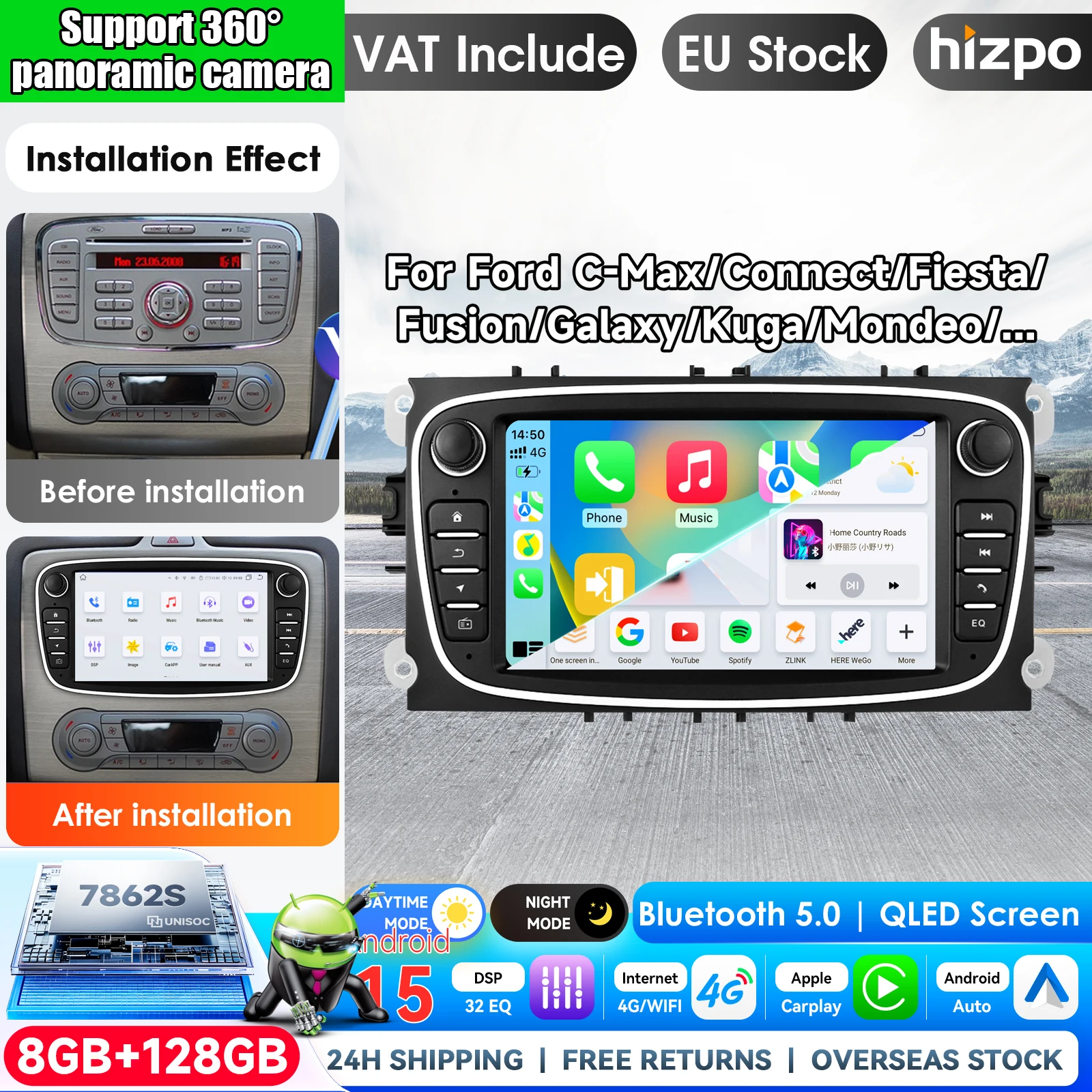 Hizpo 7 Zoll Wireless CarPlay Android Auto Autoradio für Ford Focus 2 2008-2011 S-Max Mondeo Galaxy C-Max Multimedia Wireless Apple CarPlay Smart Intelligent Systems IPS Touchscreen Stereo Videoplayer