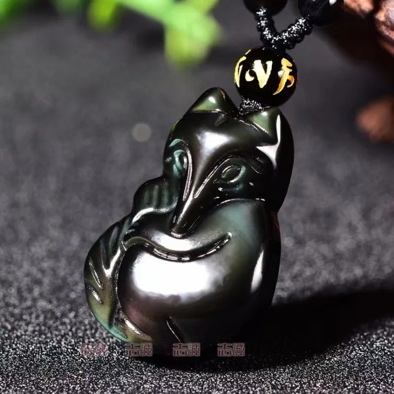 Naturalny tęczowy obsydian Ręcznie rzeźbiony dziewięcioogoniasty lis Jadeitowy wisiorek Fashion Boutique Biżuteria Mężczyźni i kobiety Naszyjnik Fox Prezent — zdjęcie 3