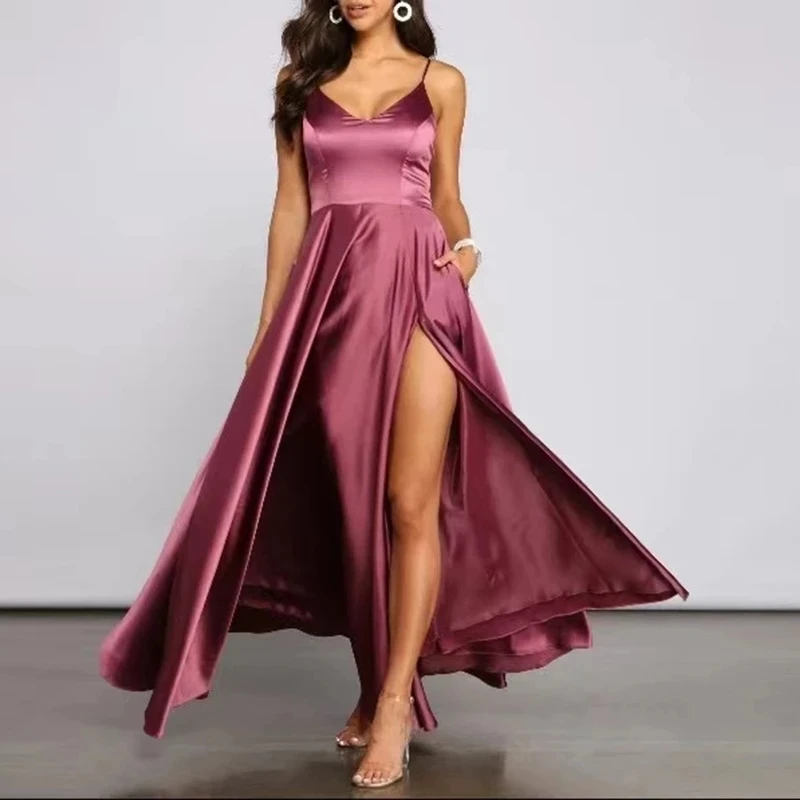 

Formal Satin Prom Dresses Sleeveless A-line Side Split Women's Fashion Celebrity Evening Gowns Formal Party Dress with Pockets