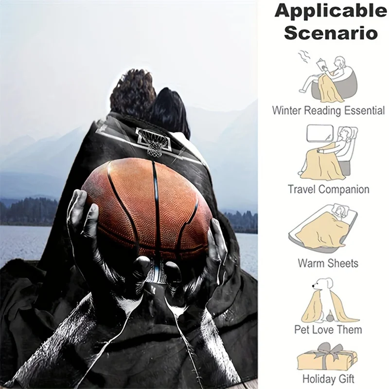 1pc Athlete Throwing Basketball Pattern Thin Blanket - Lightweight Flannel Throw for Sofa, Bed, Travel, Camping, Living Room, Of