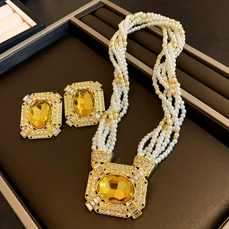 

Inlaid Rhinestone Geometric Pearl Jewelry Set Women Beaded Choker Light Luxury Multi-layer Necklace Fashion High Sense Earring