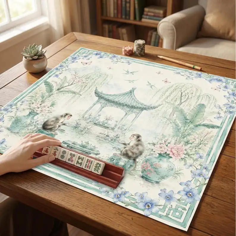 VIKAMA New Chinese Pavilion Monkey Landscape Mahjong Mat Non Slip Shock Absorb Soft Pad Washable Oriental Mahjong Table Mat