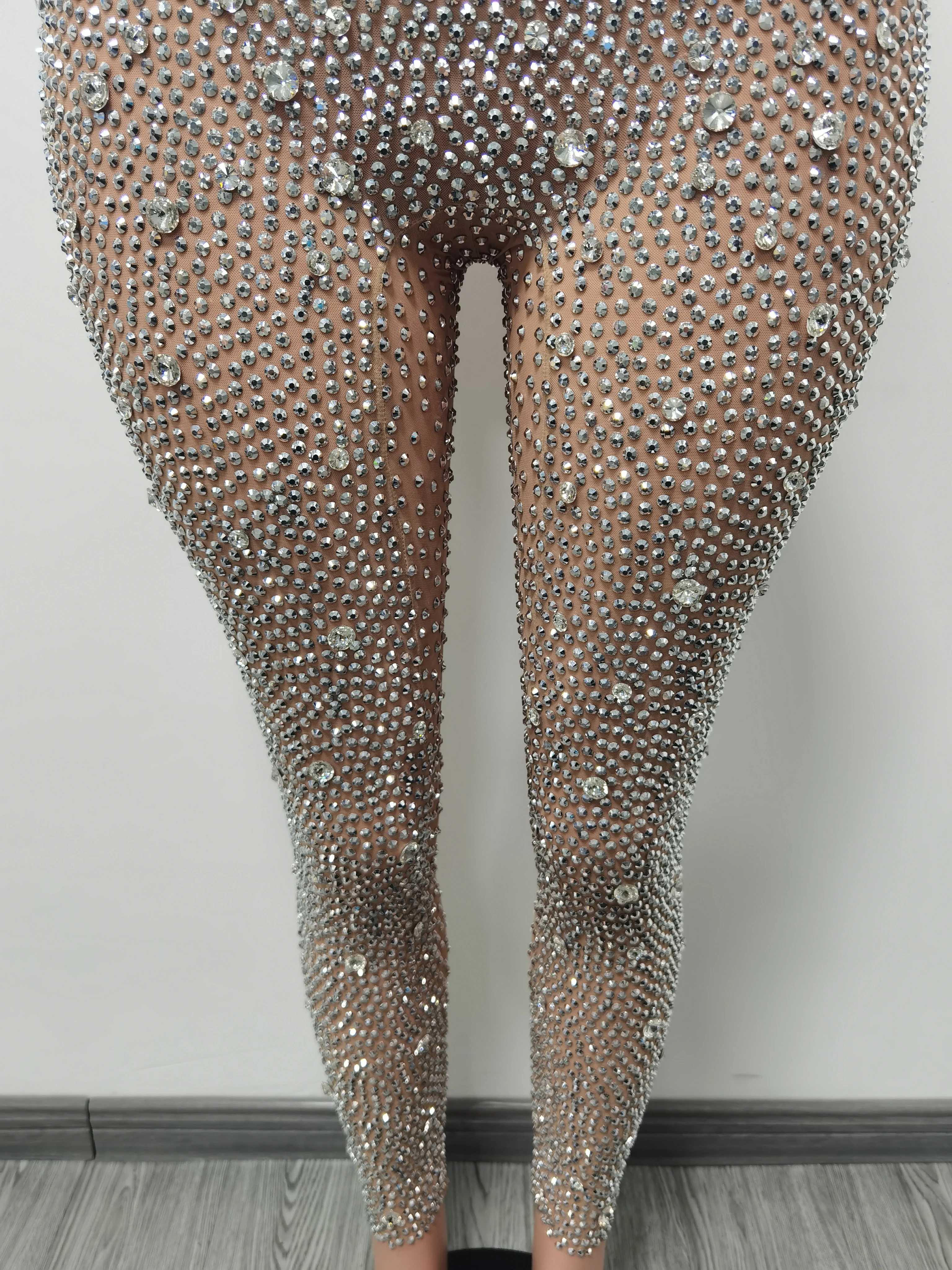 Pantalones sexis con diamantes de imitación para mujer, mallas transparentes de malla con diamantes, traje de Festival, disfraces de bailarina Gogo, pantalones de fiesta para club nocturno