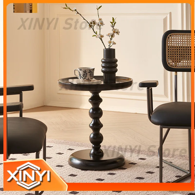 Round Scandinavian Black Solid Wood Side Table for Mid Century Modern Living Room Small Coffee Table Minimalist End Table Cup
