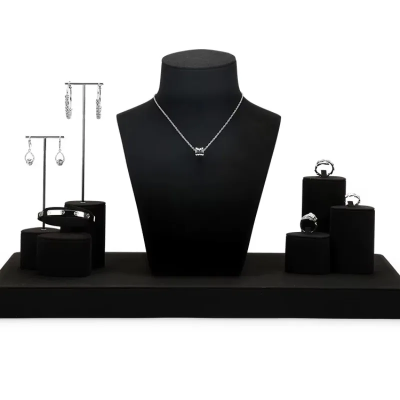 High-end black microfiber jewelry display set earrings ring pendant jewelry stand with custom logo