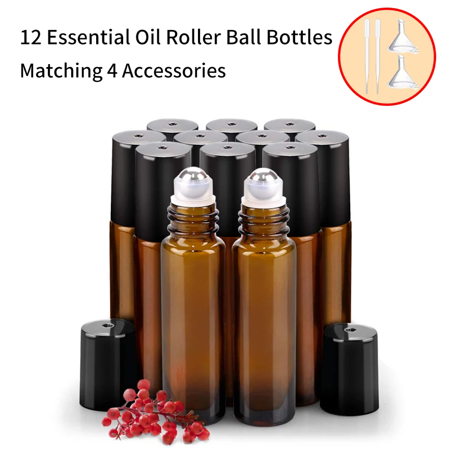 12pcs + 4 accessories 10ml amber glass roller bottle with 12 essential oil bottles, 2 funnels, 2 droppers