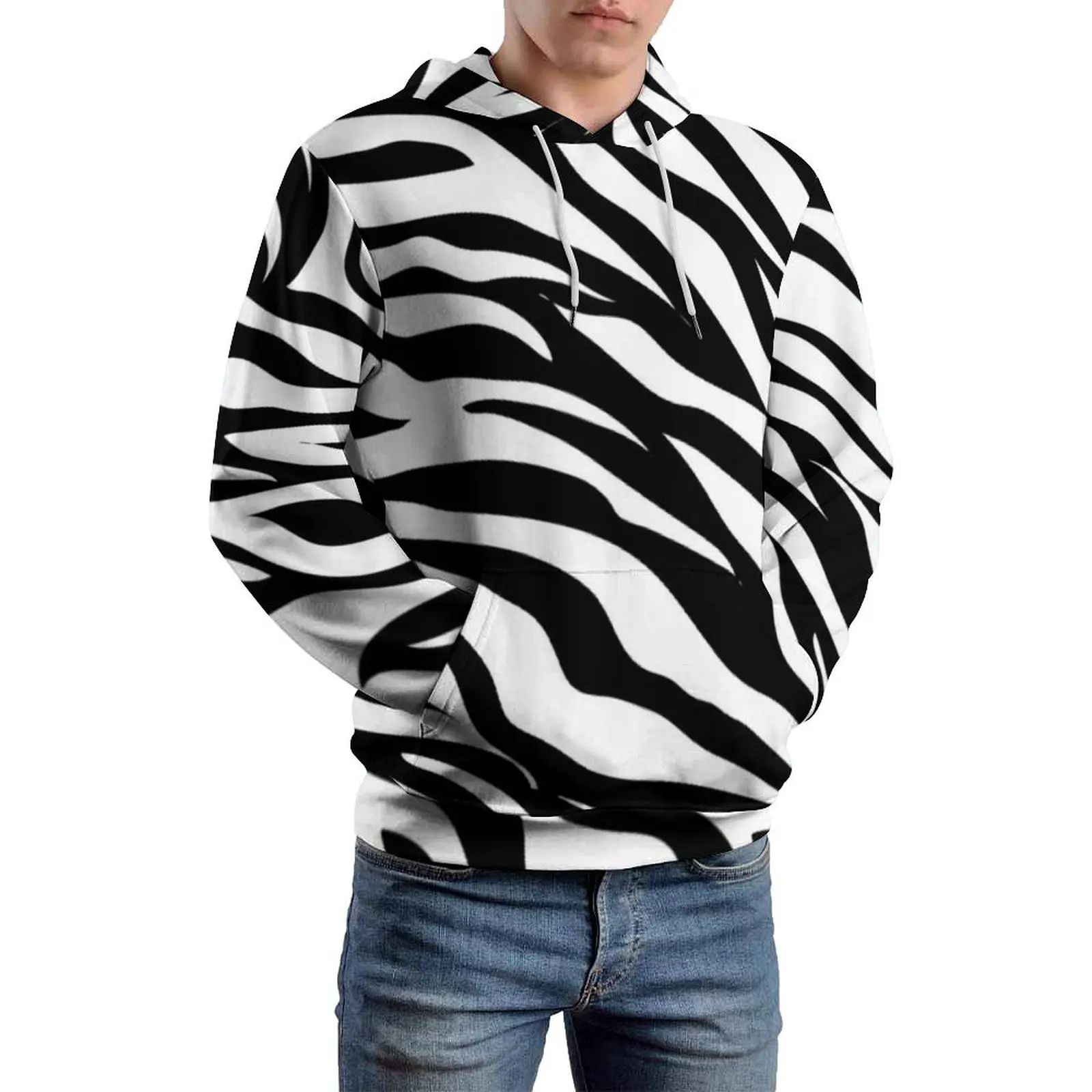 Zebra Design Casual Hoodies Men Black And White Stripes Elegant Custom Sweatshirts Spring Long-Sleeve Fashion Oversize Hoodie