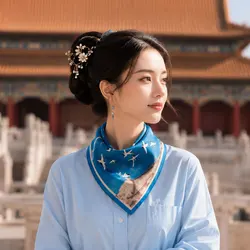 53cm 100% Pure Silk Bandana Female Hair Scarf Chinese Painting Cranes Handkerchief Natural Silk Women Headband Men Pocket Square