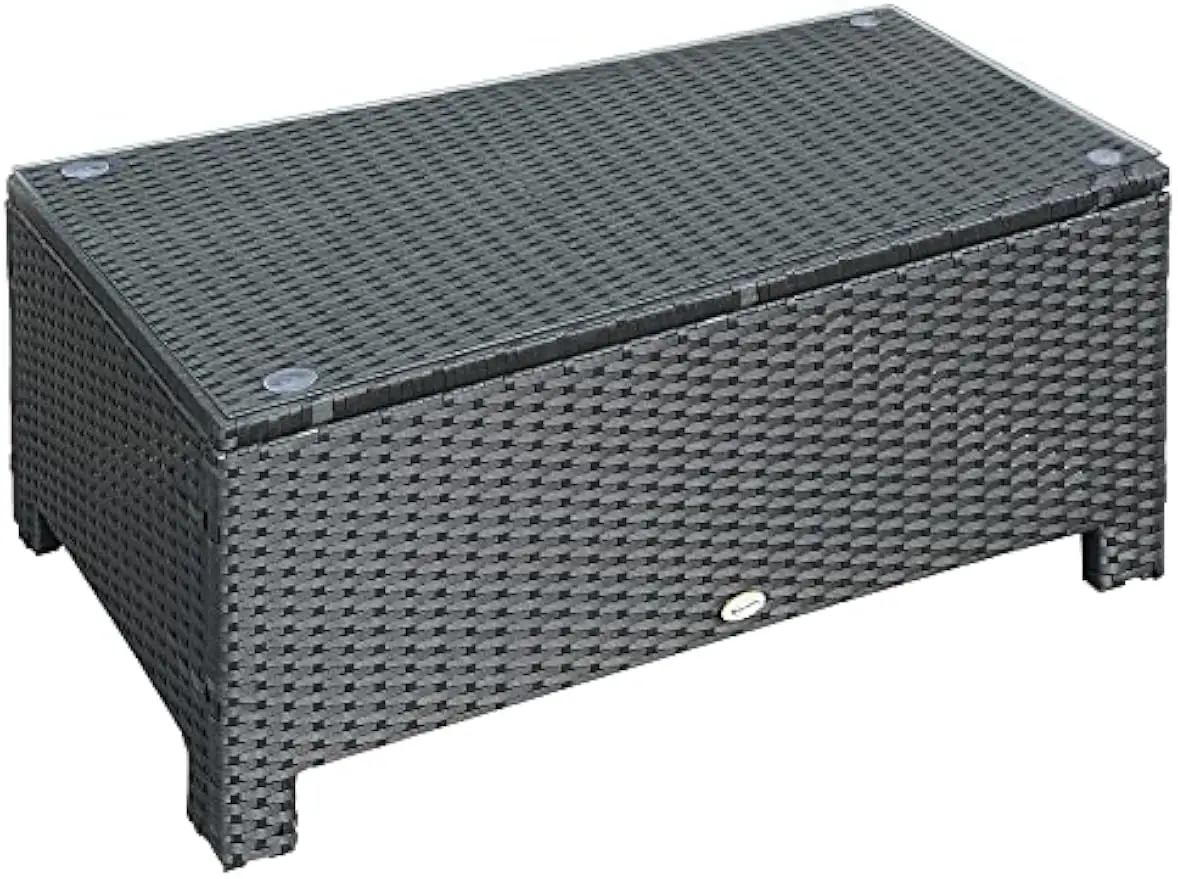 

Patio Furniture, Wicker Coffee Table, Hand-Woven PE Rattan Side Table with a Tempered Glass Top, 33.5" x 19.75", Black