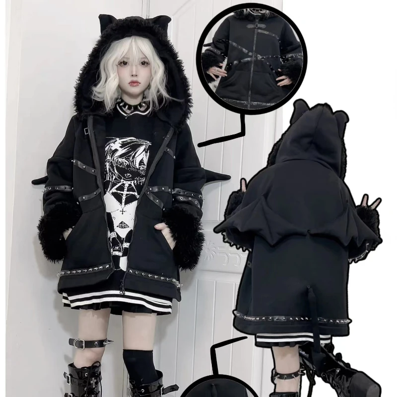 Japanese Lamb Hair Imitation Coat Autumn and Winter Women\'s Harajuku Punk Gothic Girls\' Black Loose Hoodie Sweatshirt