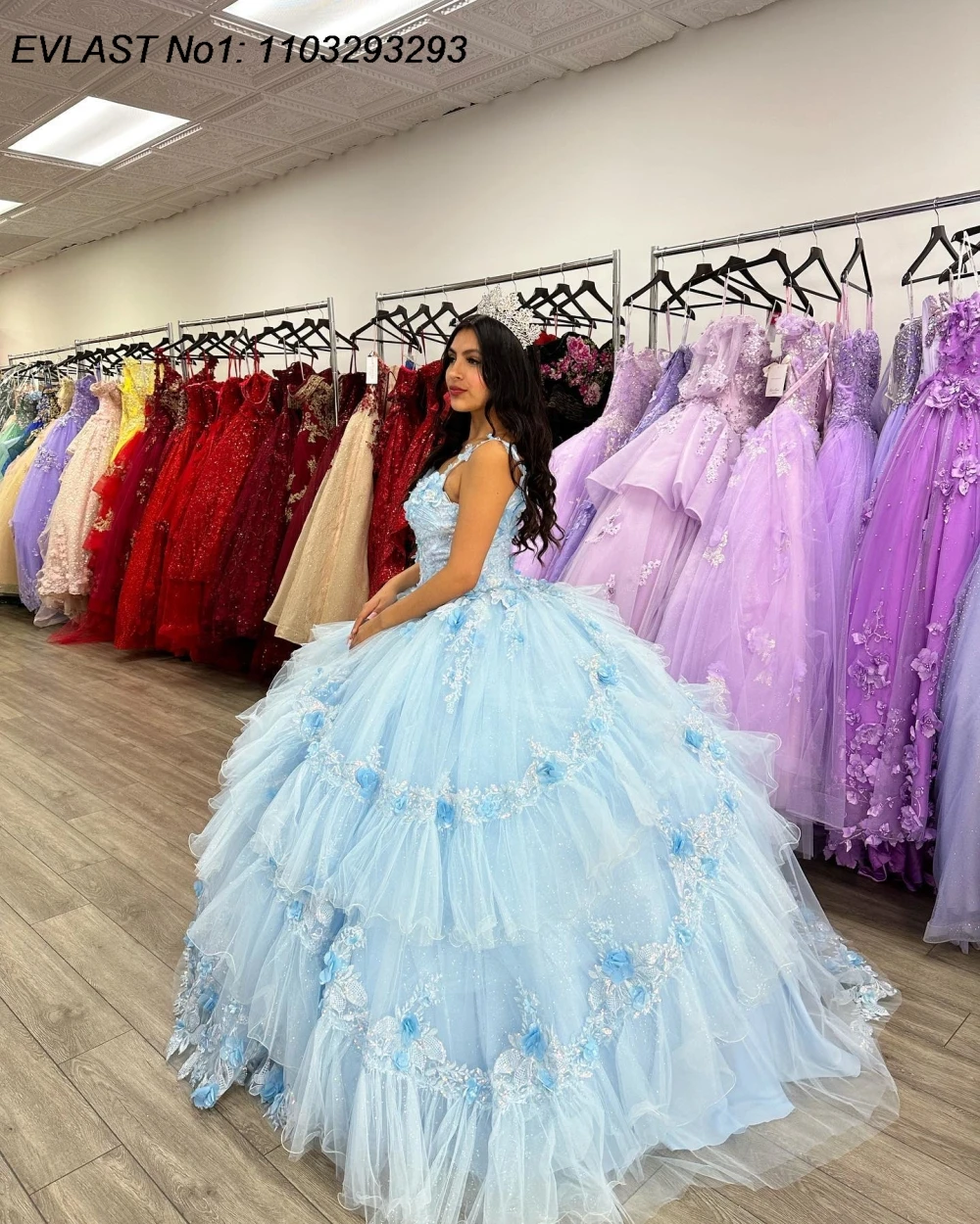 EVLAST gaun berkilau bunga merah muda Quinceanera gaun bola Applique korset manik-manik gaun Meksiko manis 16 Vestido De 15 Anos TQD957