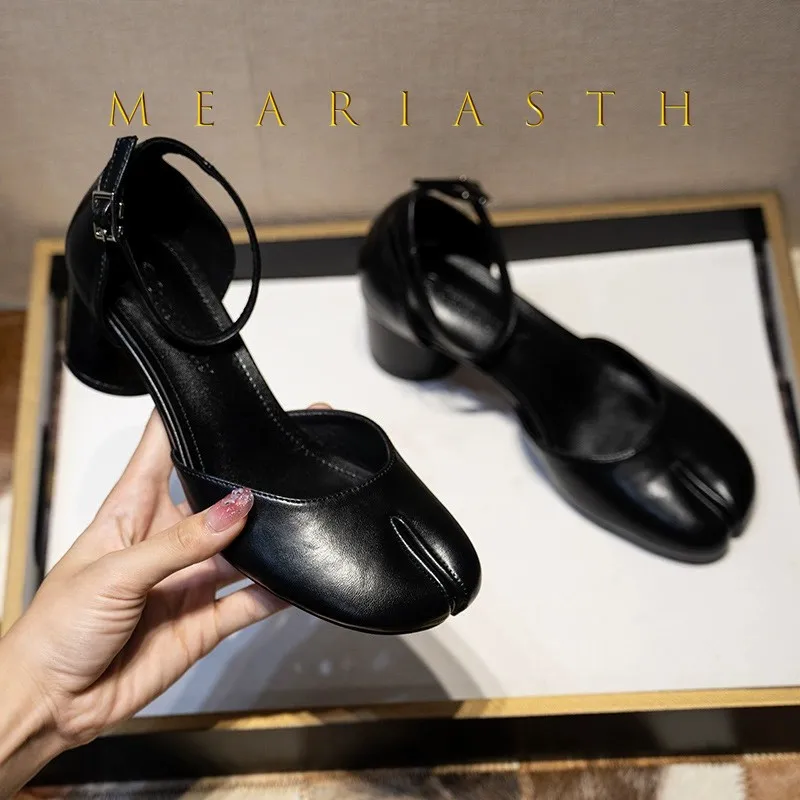 Brand Designer Tabi ninja high heels shoes woman ankle strap silver crack leather pumps split toe D'orsay mary janes shoes woman