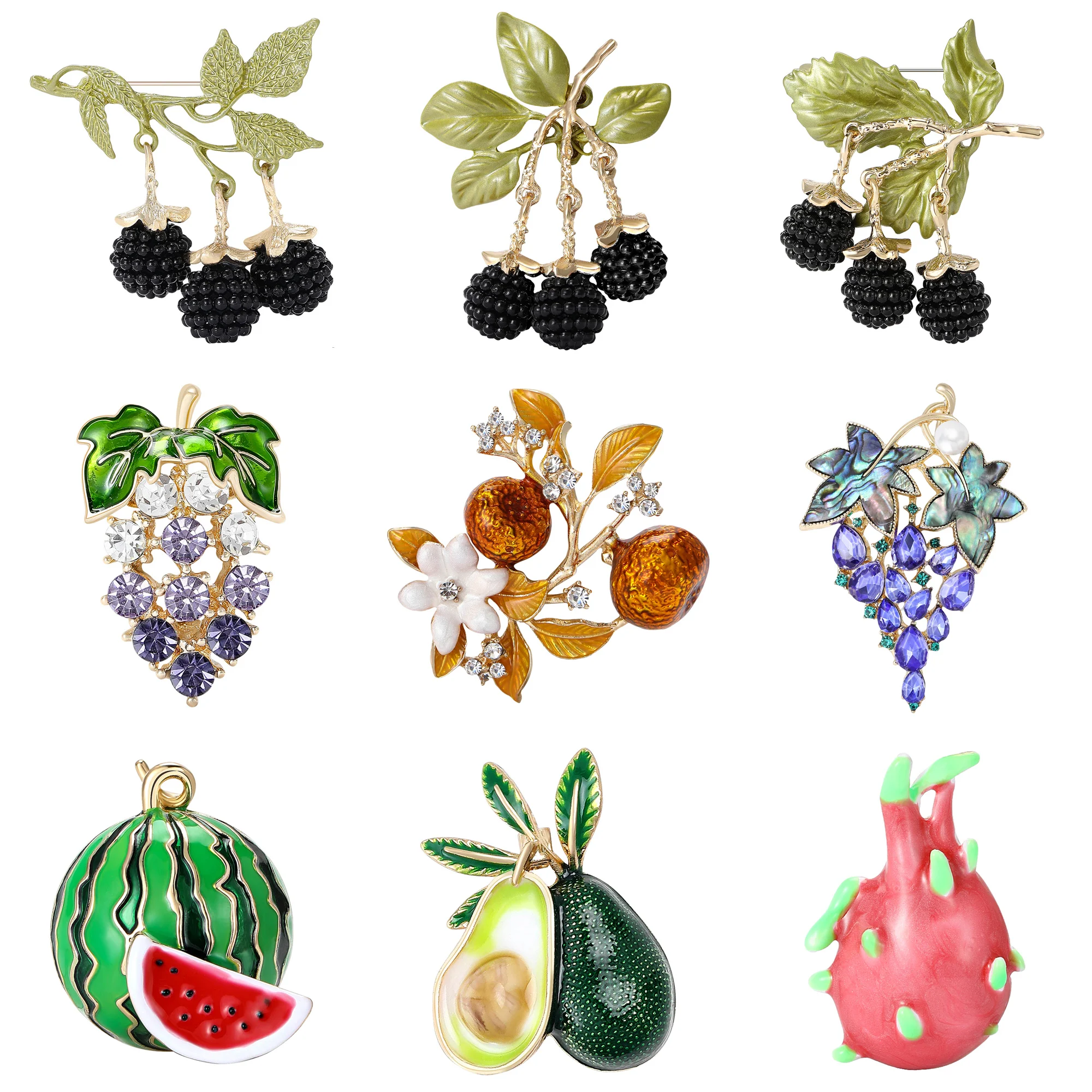 Fashion Rhinestone Blackberry Brooches for Women Unisex Grape Fruit Pins Keychain Office Party Friend Gifts Jewelry Accessories
