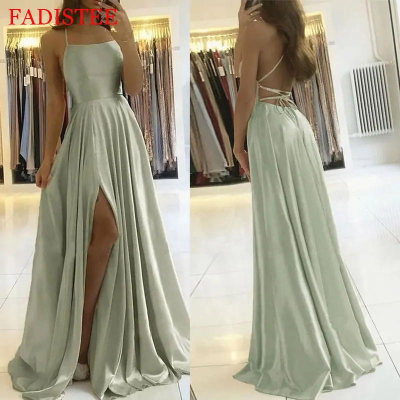 Novo estilo de cetim vestidos de baile alças espaguete dividir vestidos de noite vestidos de fiesta a linha longo vestidos formais roupões de soirée