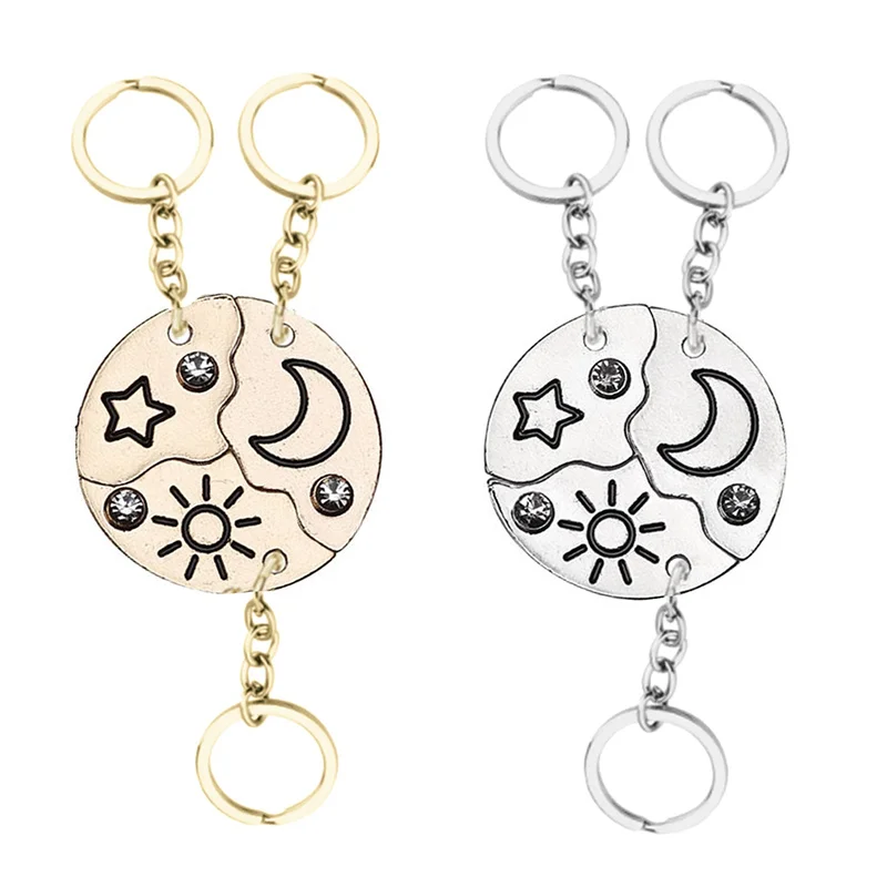 3/4 Piece Set Best Friend Friendship Keychain Sun Moon Cloud Star Inlaid Rhinestone Stitching BFF Pendant Fashion Jewelry Gift