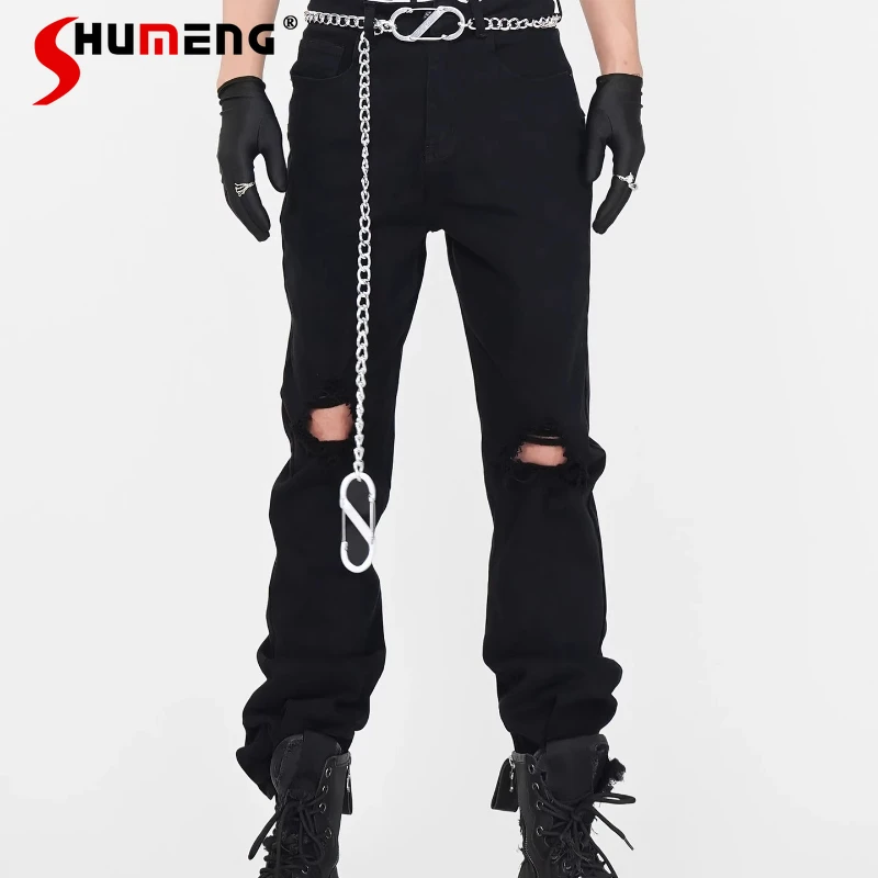 

Men's 2025 Four Seasons Trendy Hole Jeans Men's Pants Chain Slim Fit Slightly Stretchy Long Pants Masculinity Handsome Trousers