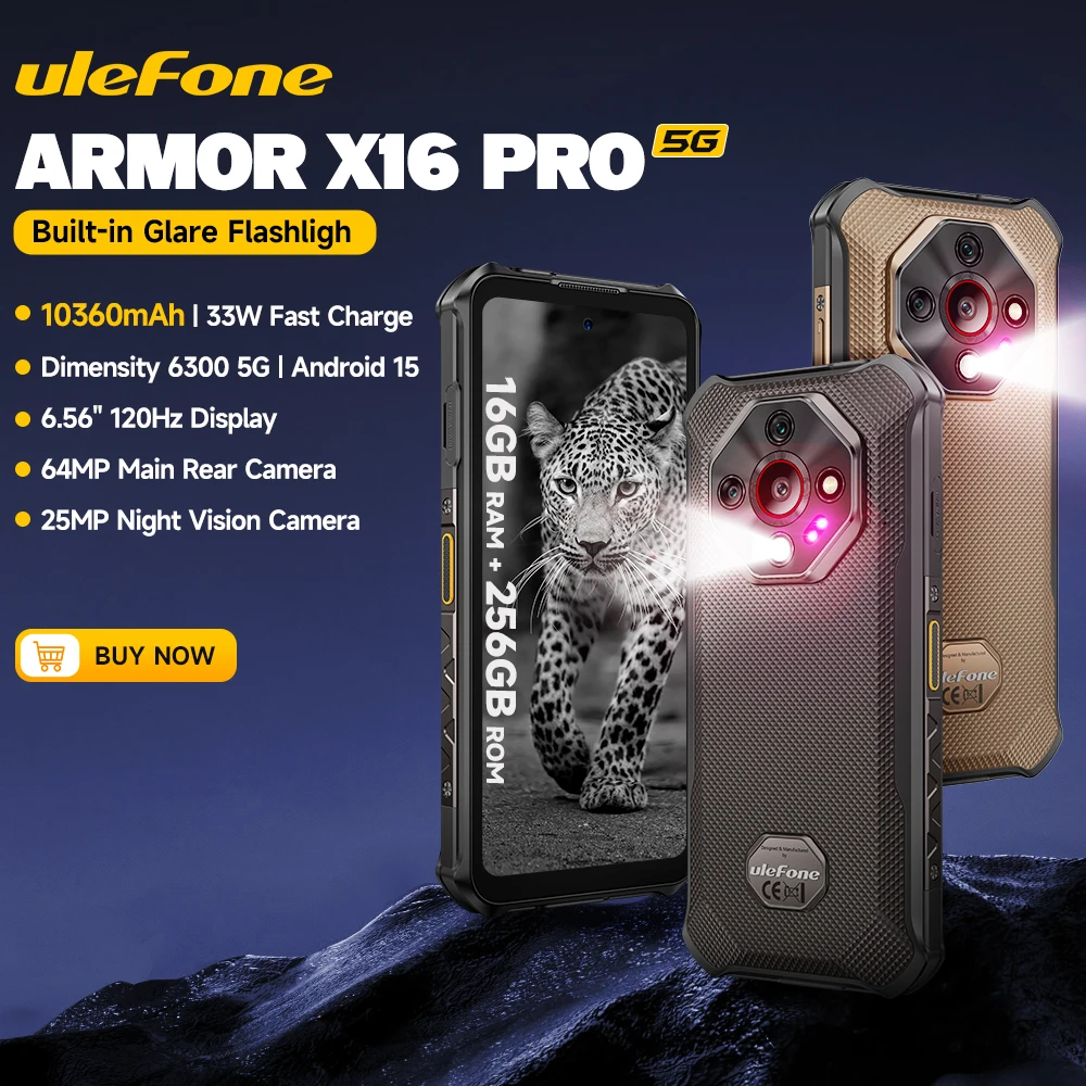 

【2025 New】Ulefone Armor X16 Pro 5G Rugged Phone Smartphone Android 15 Up to 16GB+256GB 10360mAh Glare Flashlight Night Camera