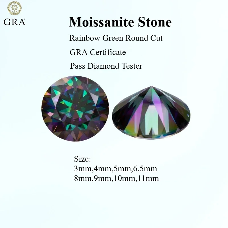 

Moissanite Stone Round Cut Rainbow Green Loose Gemstone For Jewelry Making With GRA Certificate Pass Diamond Tester