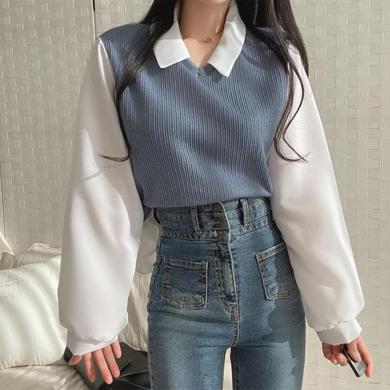 Y2k Sweet Women Shirts False Two-piece Loose Female Casual Blouse Korean Preppy Style New Chic Ladies Autumn Tops