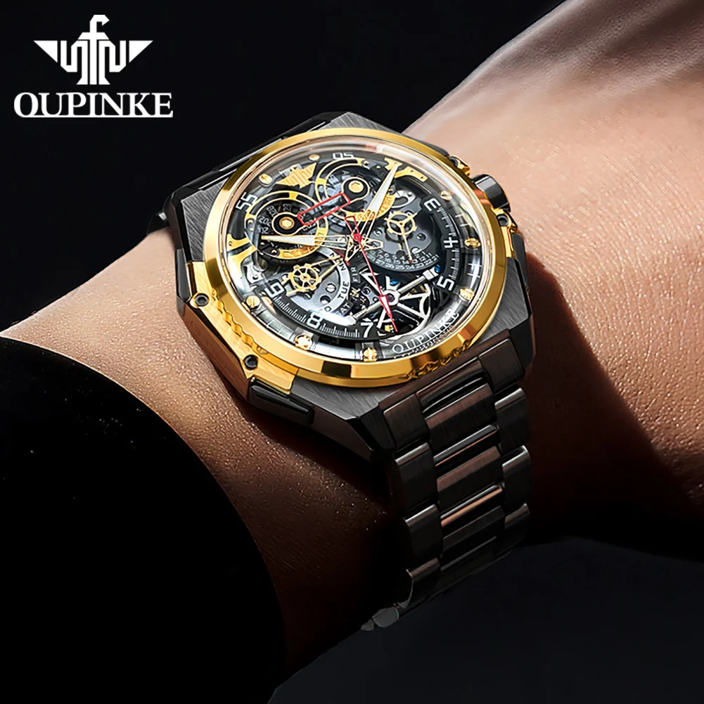 OUPINKE 3266 Full Hollow Skeleton Mechanical Watch for Men High-end Multifunction Auto Date Hand Clock Sapphire Mirror Man Watch