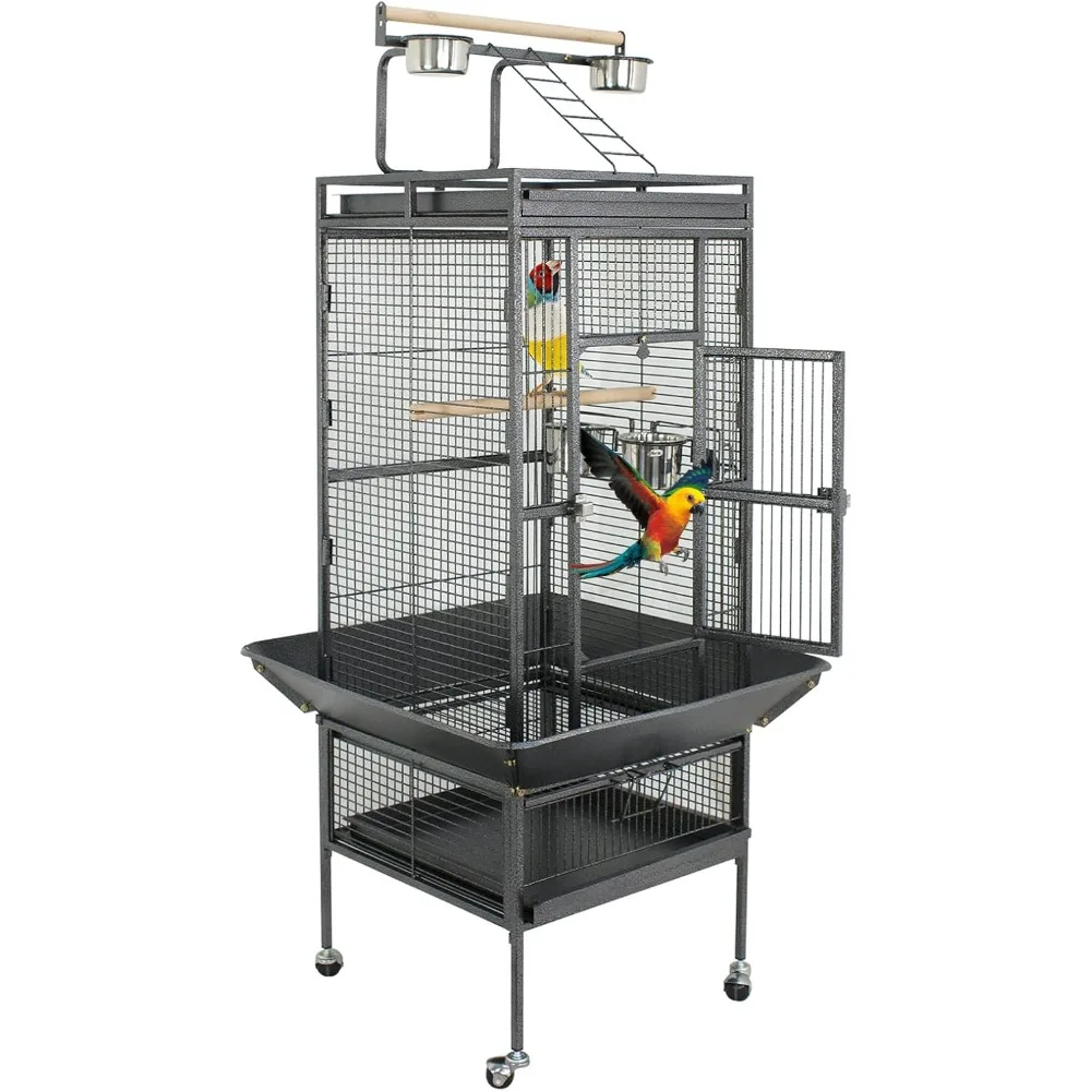 61-inch Playtop Parrot Bird Cages, Wrought Iron Large Birdcage with Rolling Stand for Parakeet Cockatiels Quaker Conure Lovebird