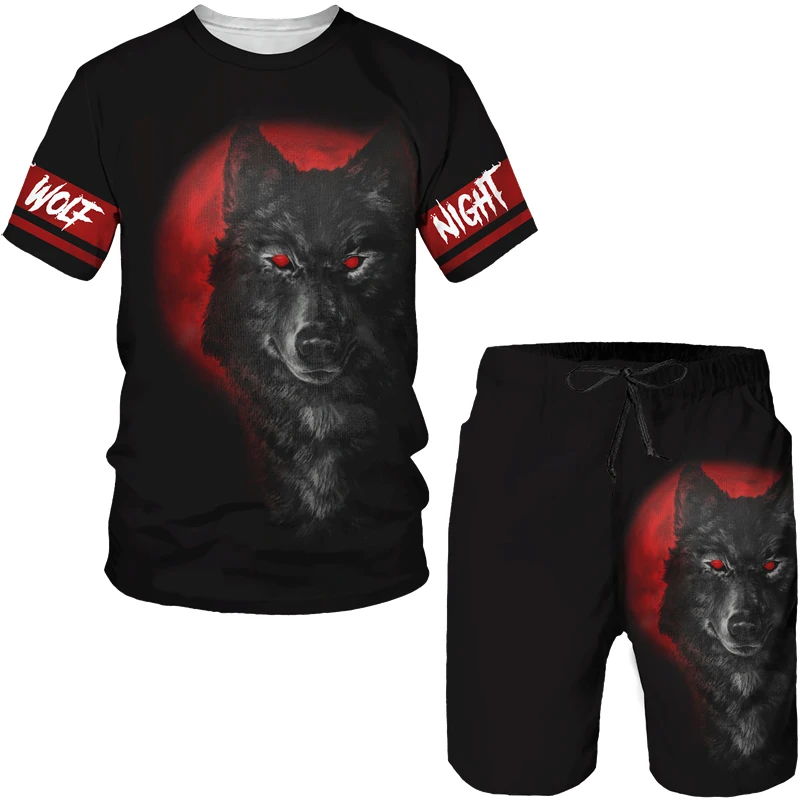 Summer Men Tracksuit Wolf 3d Printed Short Sleeve Sportwear Fashion Outfit T-Shirt Shorts 2 Piece Casual Suit Oversized Male Set