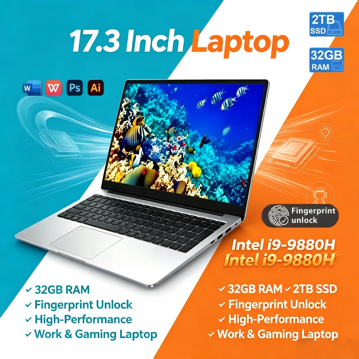 Intel Core i9 9880H 17.3 Inch Full Size Gaming Laptop 32GB RAM 2TB SSD Fingerprint Unlock High Performance Work Pro