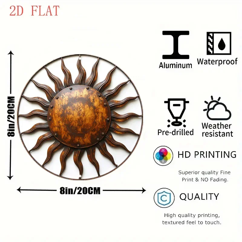 Farmhouse 8 Inch Round Aluminum Wall Sign 2D Flat Sun Ray Metal Decor For Garden Cafe Front Door Holiday Gift