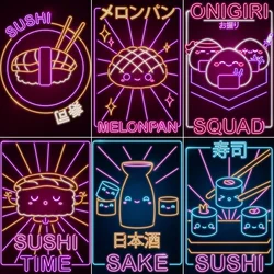 Kawaii Sushi Japanese Food Neon Sign Vintage Poster Metal Sign Cinema Kitchen Printing Room Wall Decor Tin Home Decoration