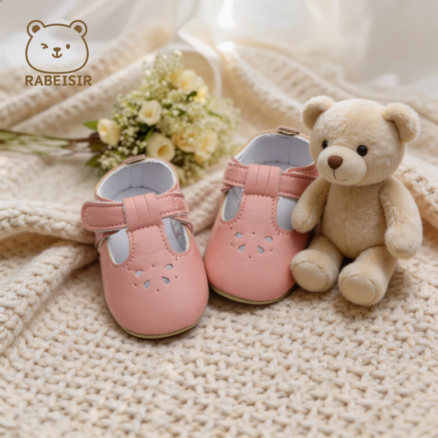 Sweet Hollow Cutout T‑Strap Mary Jane Baby Shoes Hook&Loop Closure Lightweight Soft Sole Infant Casual First Walker Shoes