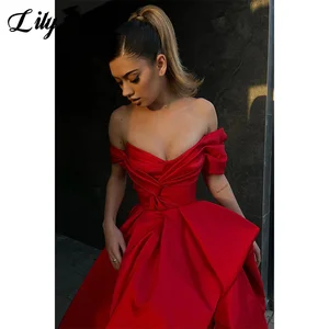 Lily vermelho fora do ombro vestido de baile lado alta divisão uma linha vestido de noite mancha plissado com decote em v vestidos de ocasião formal personalizado 6 principais vendas vestidos cerimonia convidada - №5