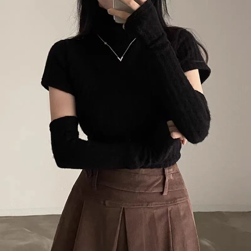 

Detachable Sleeve Knitted Sweater Women Pullovers Gym Spring Mesh Crocheted See-Through Ruffled Princess Frilly Trimmed Ethereal