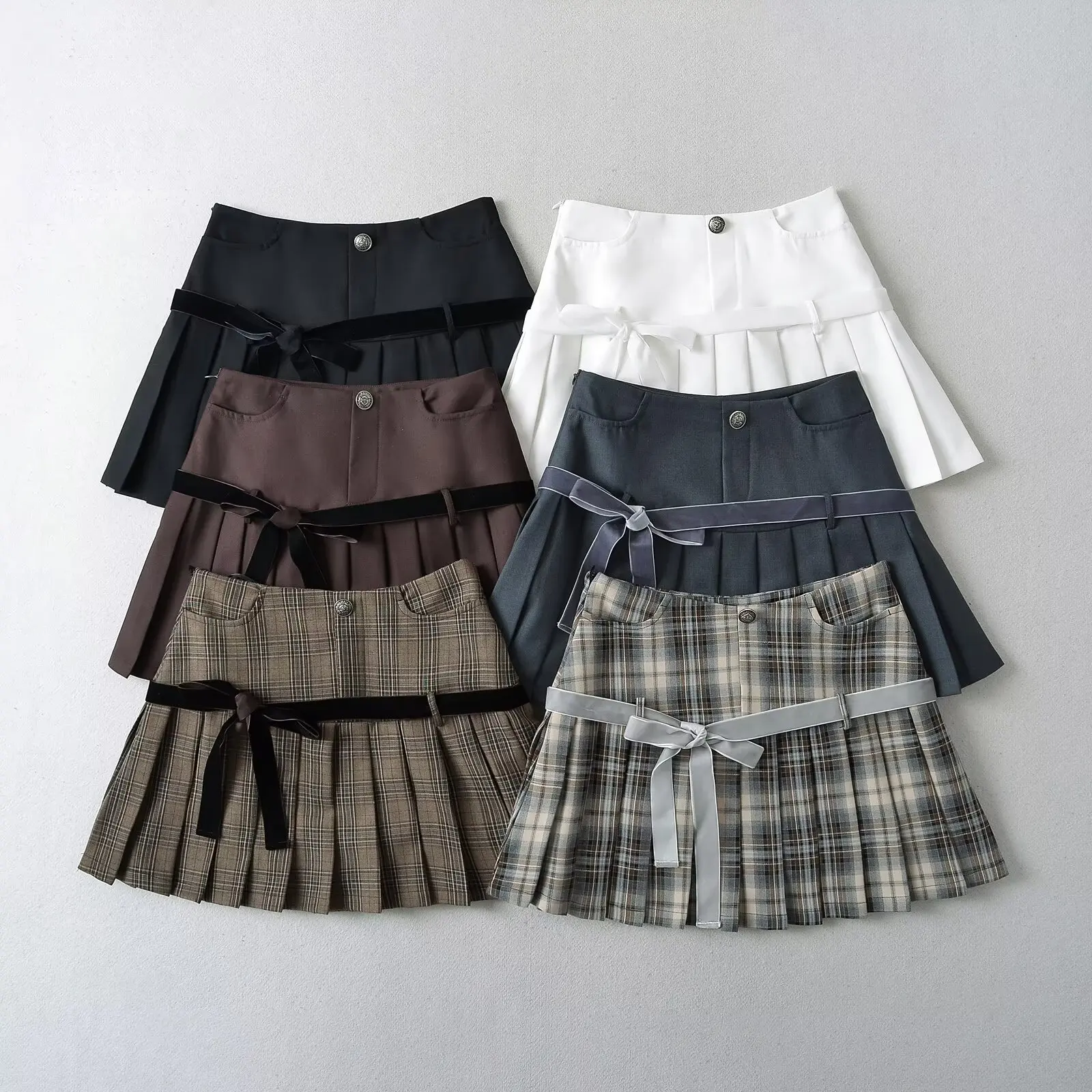 Sweet Stylish Pleated  Skirt High Waist A-Line Design  Knot Body Shape Highlighting Leg Lengthening for Girls