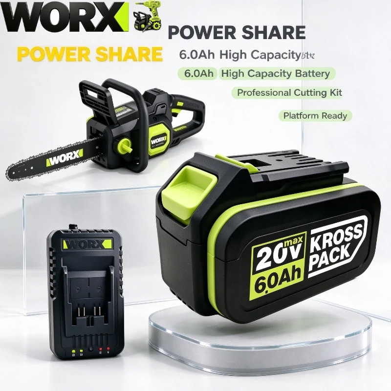 Original WORX PowerShare 20V 4.0Ah 5.0Ah 6.0Ah 5-Pin Lithium  Battery Replacement High Capacity Power Tool WA3520 WA3551 WA3553